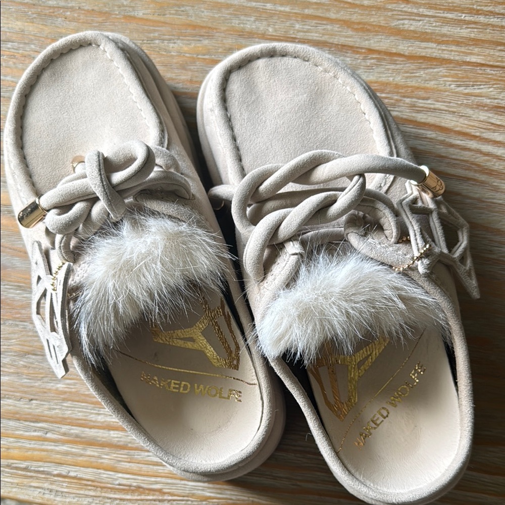 Naked Wolfe Blizzard Cream Moccasins with Suede Laces and Fur Details
